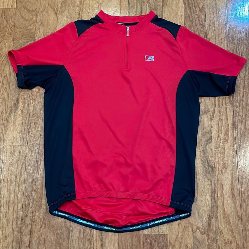 Nishiki Mens Size Large Cycling Top Red Black Short Sleeves Back Pockets
